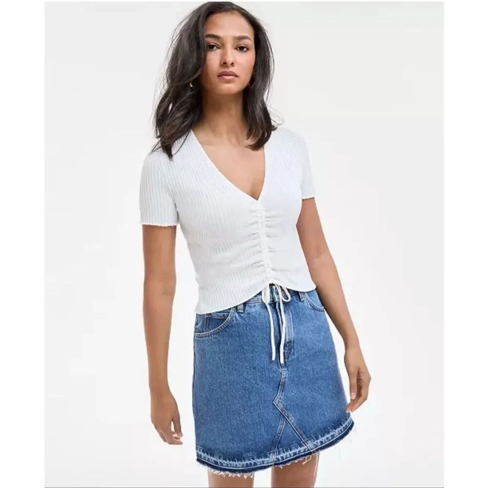 HUGO BOSS Ruched Slisera V-Neck Short-Sleeve Top Natural XS